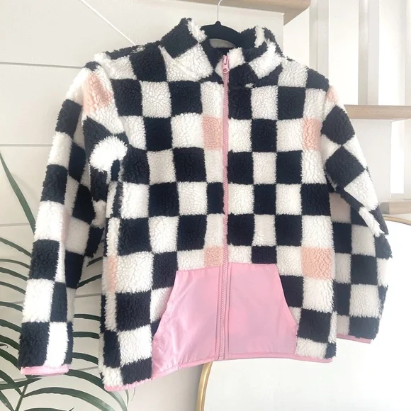 Girl’s, Black & Pink Checkerboard Fleece Coat, SiZe7/8, Treasure & Bond